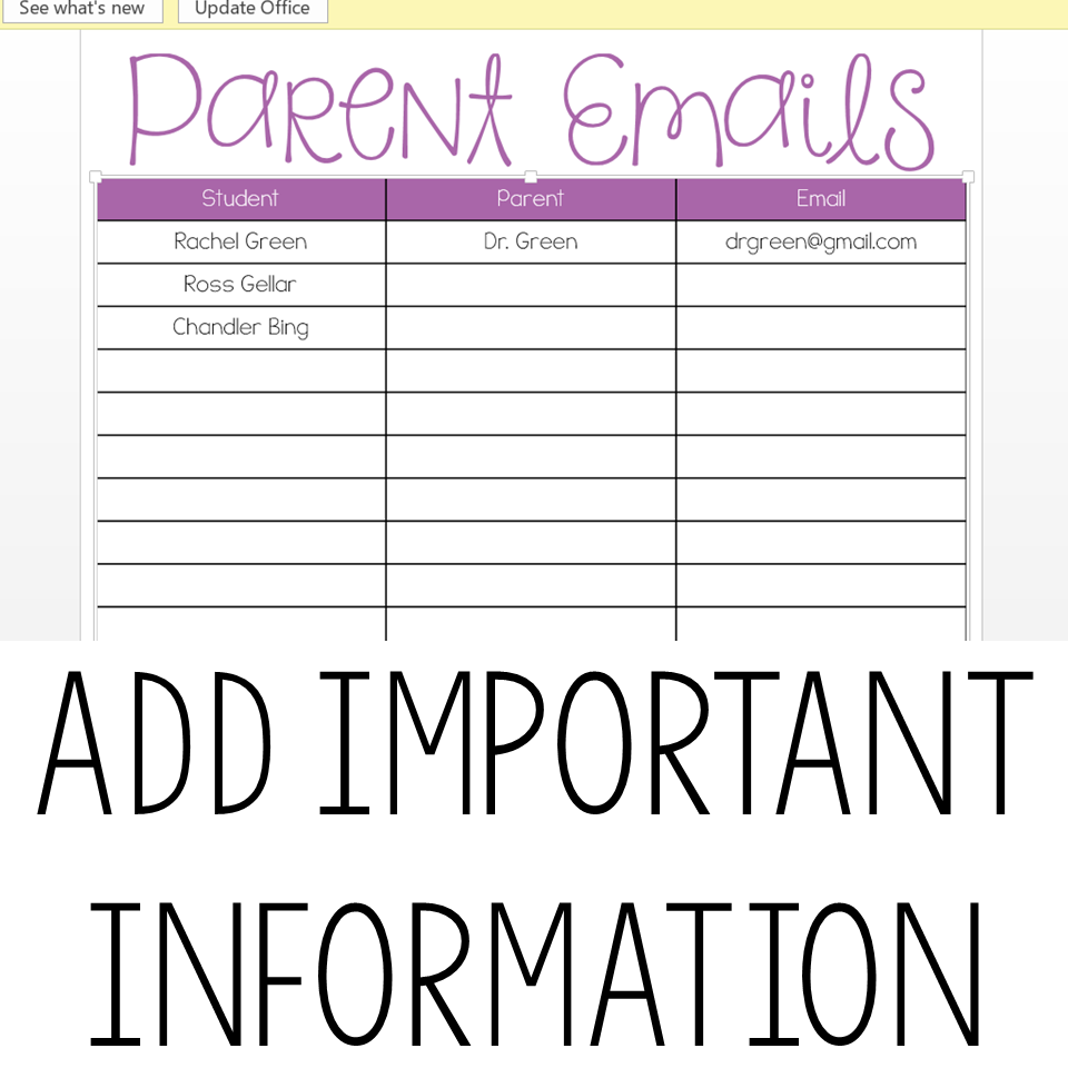 Parent Email Sheet for Teacher Organization and Teacher Binder