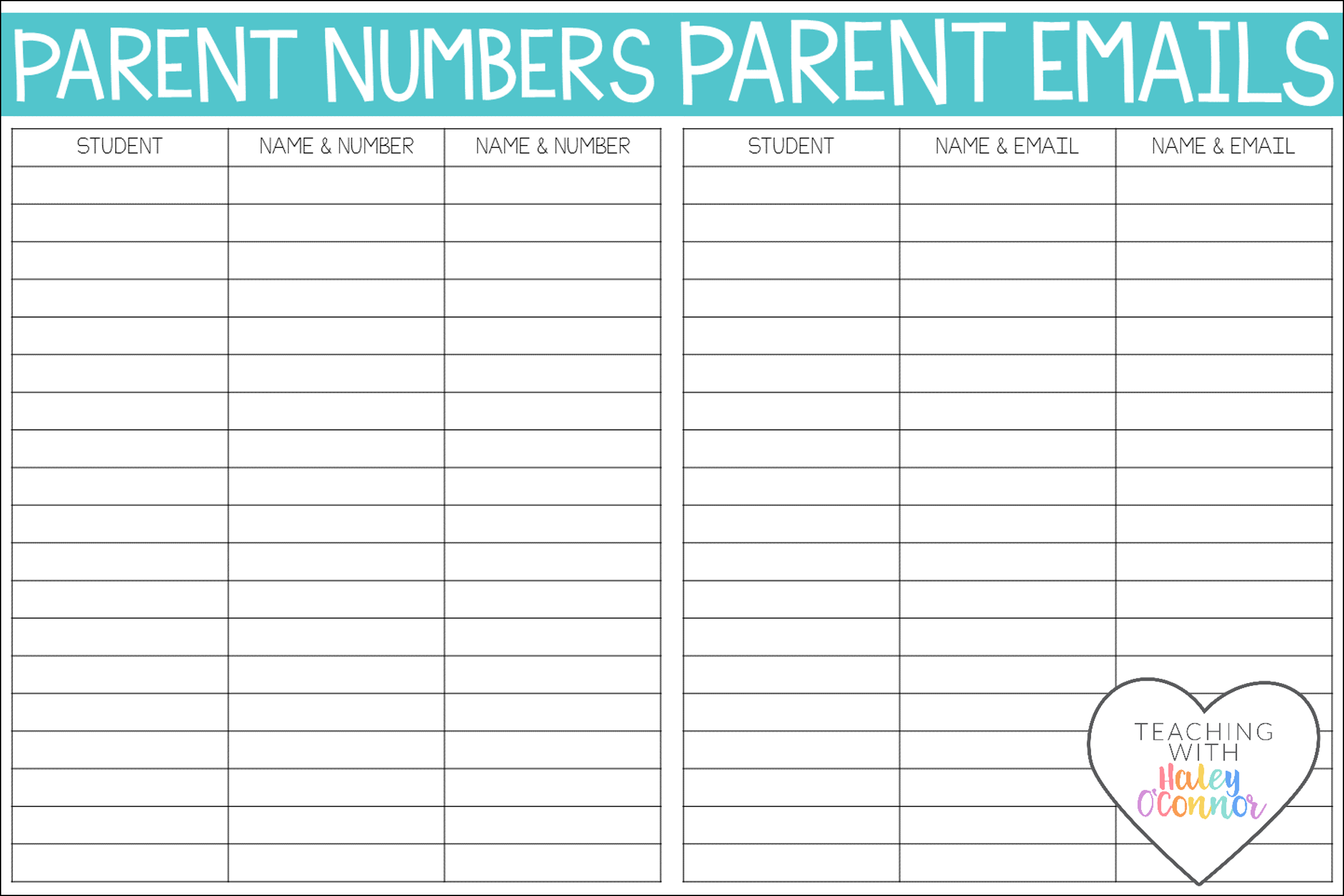Parent Contact Information Forms for Teachers by Haley O'Connor