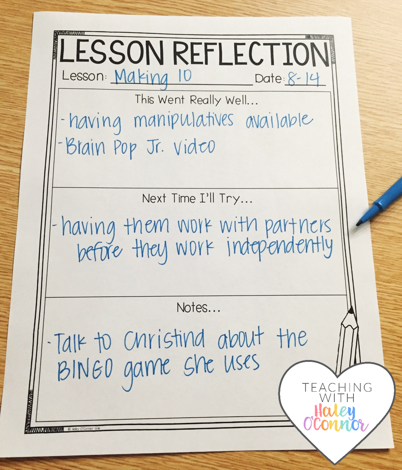 Lesson Reflection Page for Teachers by Haley OConnor
