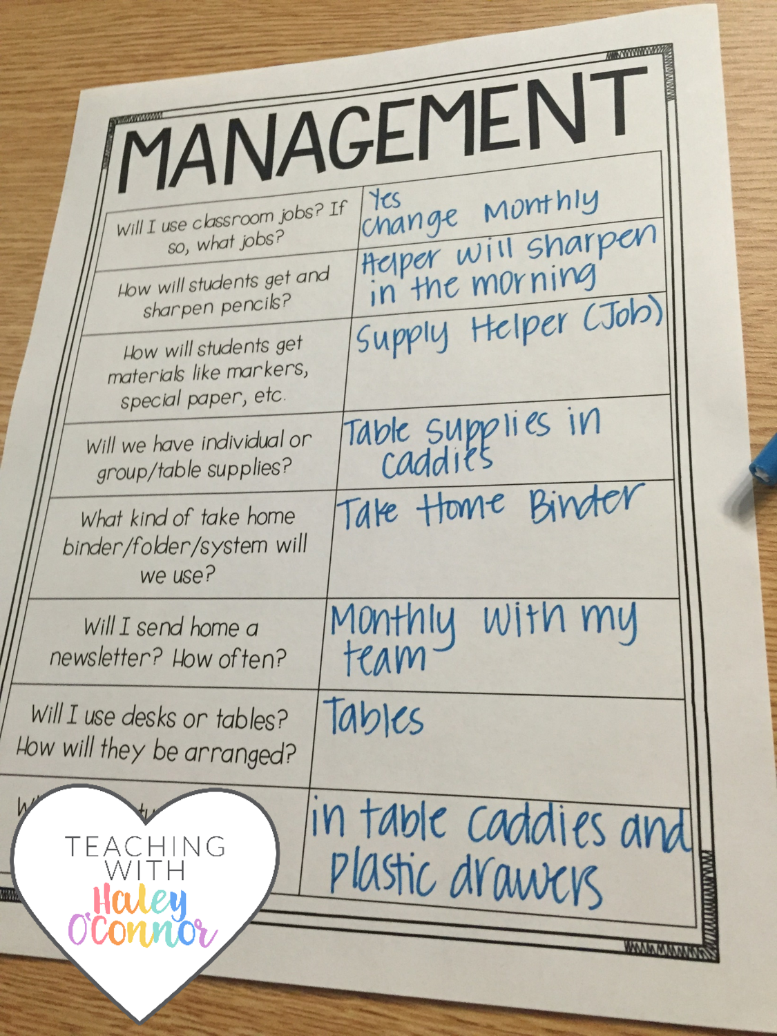 Planning Sheet for Classroom Management by Haley OConnor