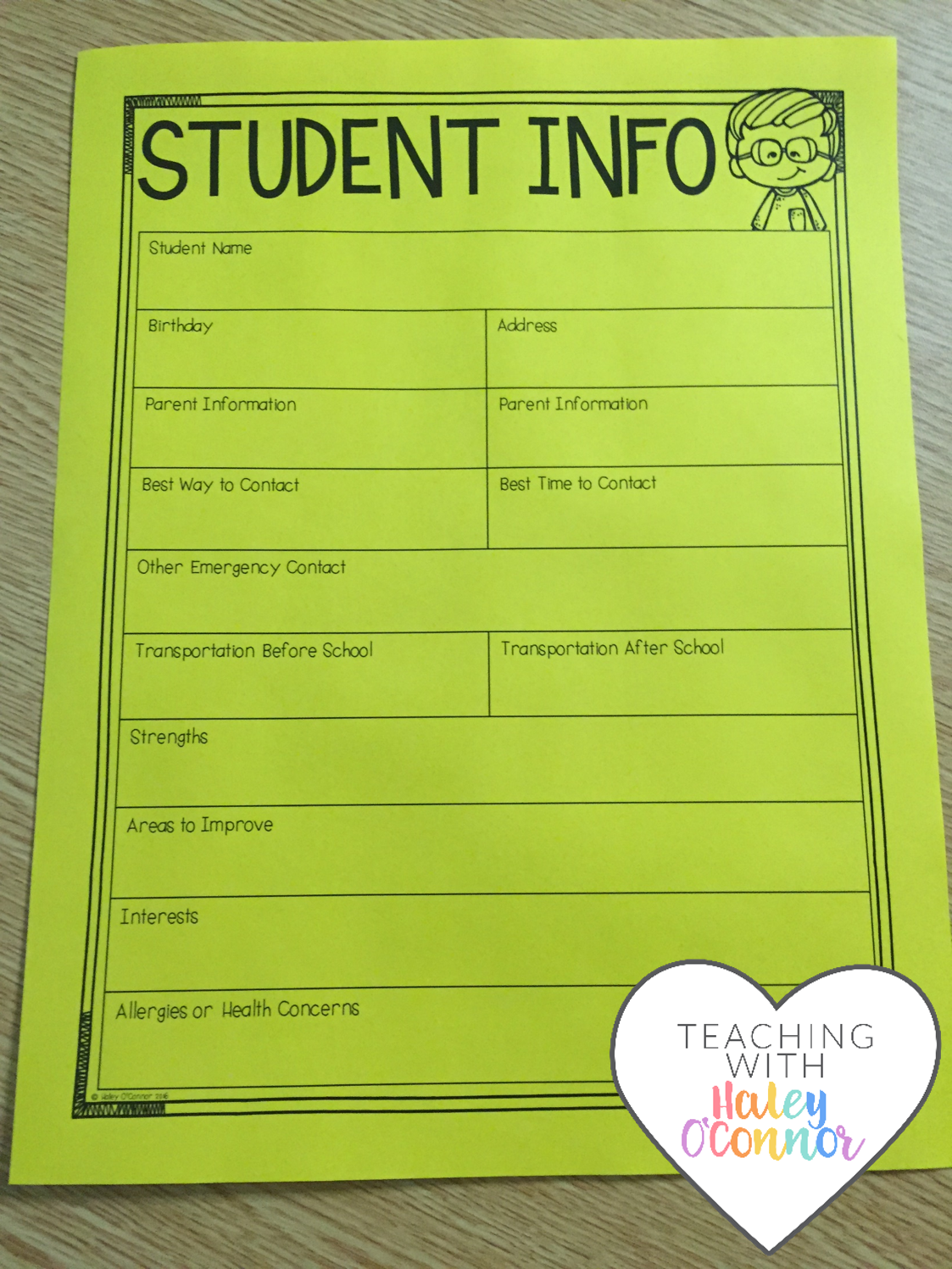 Student Information Sheet for Teachers by Haley O'Connor 