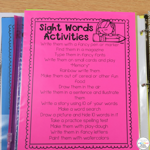 Sight Word Activities Student Take Home Binder