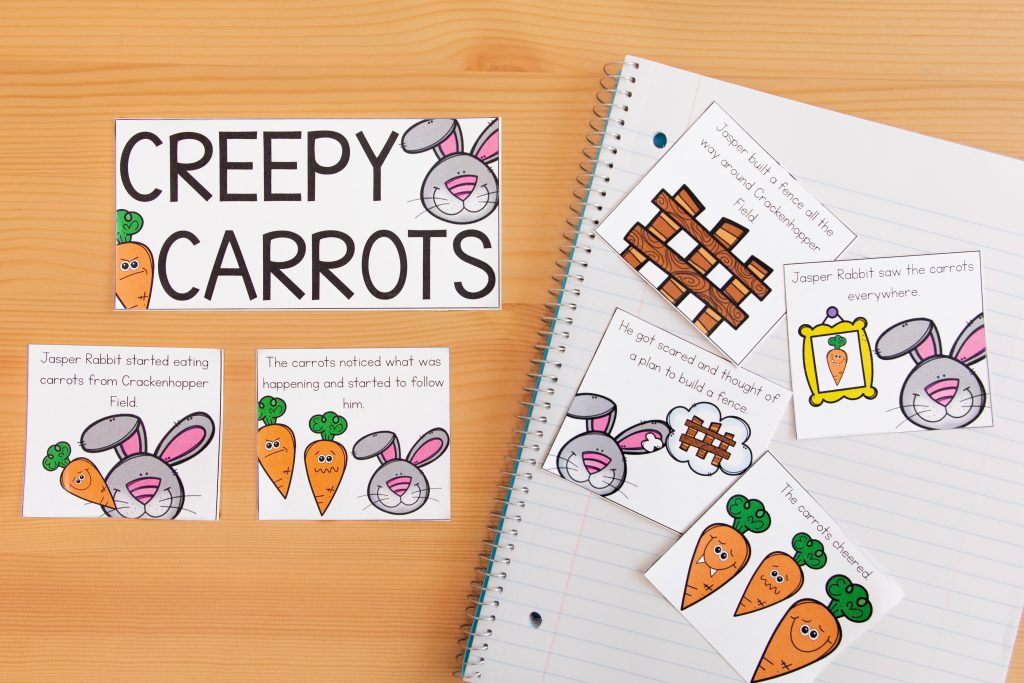 Creepy carrots read aloud activities. Activities for Halloween in the classroom. This image shows sequencing cards for the book Creepy Carrots. 